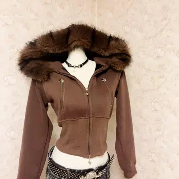 헤이세이 갸루 00s 브라운 퍼 크롭 후드티 Y2K 빈티지