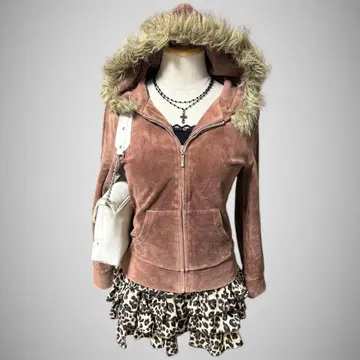 지퍼 후드티 퍼 포함 브라운 Y2K 헤이세이 갸루 그런지 모리걸