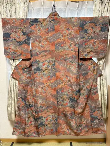 꽃무늬 코몬 기모노 실크제 오렌지 계열