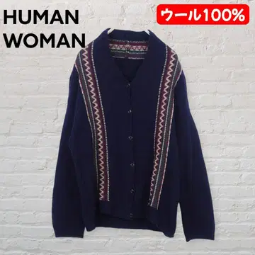 휴먼 우먼 울 100% 노르딕 무늬 가디건 네이비 M