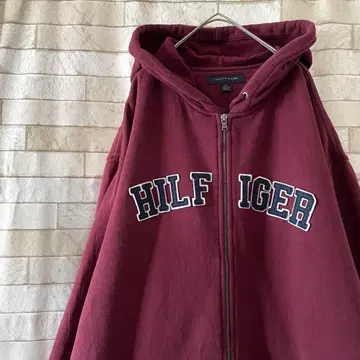 타미힐피거 지퍼 후드티 센터 자수 로고 속기모 보르도 2XL