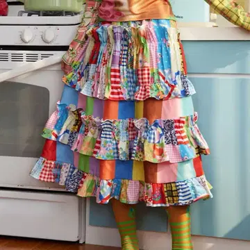 스트라이프 패치워크 레트로 프릴 볼륨 스커트 A라인 스커트