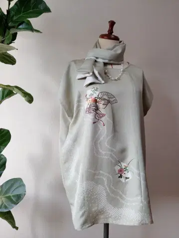 기모노 리메이크 튜닉 상의 순수 실크 꽃 자동차 자수