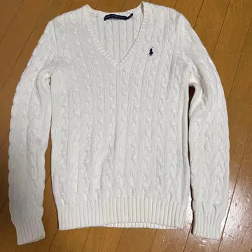 랄프 로렌 케이블 니트 화이트 V넥