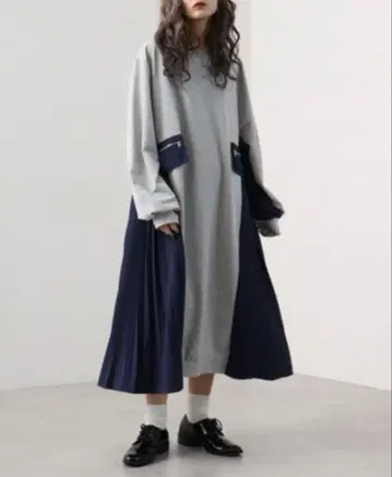 롱 원피스 맨투맨 플리츠 절개 그레이 네이비 성숙/러블리