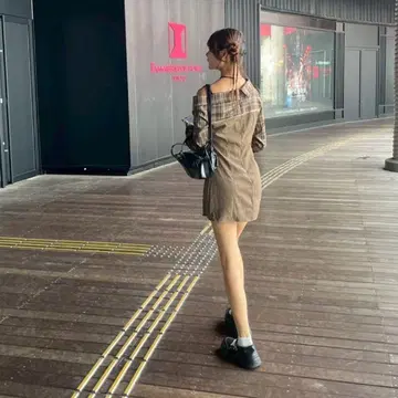 Charme 오프숄더 체크 절개 미니 원피스 슬림 성인 걸리시