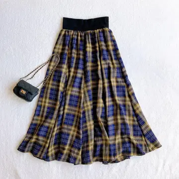 PASSIONE 볼륨 체크 리브 플레어 턱 롱 스커트