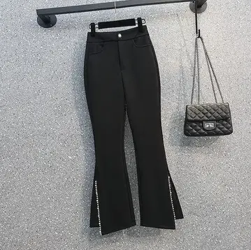 새상품 빅 사이즈 4L 슬릿 블랙 팬츠 한국 패션 플레어 팬츠