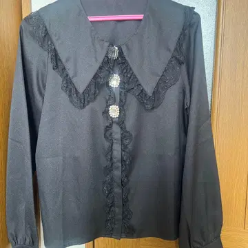 MARS 마즈 스톤 세일러 블라우스 레이스 포함 블랙 긴팔 블라우스