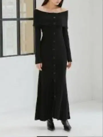 오프숄더 버튼 니트 원피스 BLK 프리