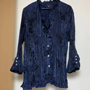 고급스러움 짙은 네이비 플리츠 겉옷 긴팔 벨로아 패턴 기모노 리메이크