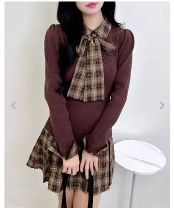 INGNI 체크 무늬 보타이 셔츠 도킹 니트 원피스