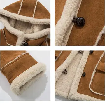 브라운 후드 부착 무스탕 코트