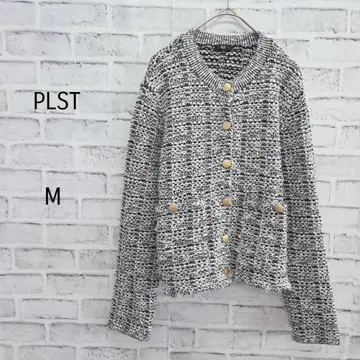 PLST 트위드풍 니트 자켓 화이트 블랙 M 여성용 골드 버튼