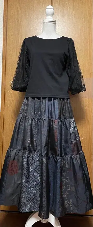 기모노 리메이크 남색 계열 오시마 패치워크 캉캉 스커트