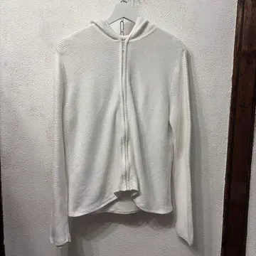 레어 일본제 코튼 니트 가로 골 화이트 후드 부착 리브 니트 후드티