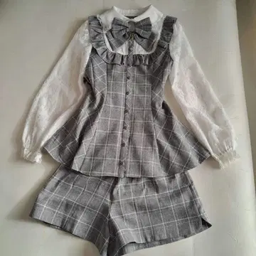 시크릿 허니 그레이 체크 프릴 레이스 셋업