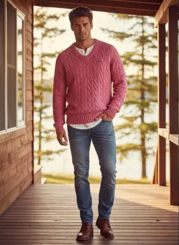 Abercrombie 아바클로 A&F 케이블 짜임 V넥 스웨터 핑크 L