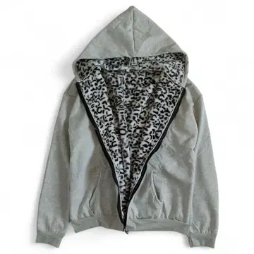 레오파드 후드티 플리스 후드티 레오파드 무늬 퍼 그레이 L 남성용 Y2K