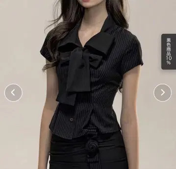 sunsetpark 프렌치 슬리브 스트라이프 블라우스 리본 블라우스