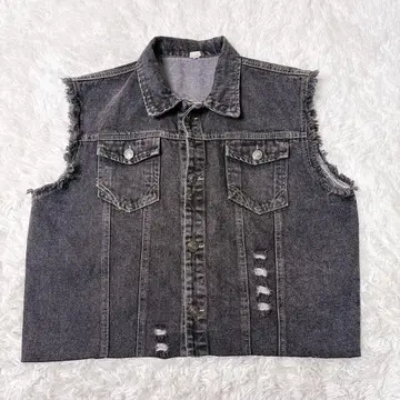 스컬 디자인 빅 사이즈 커팅 아메카지 데미지 가공 데님 베스트