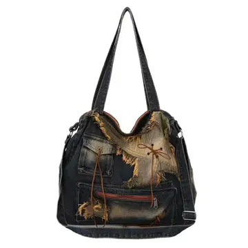 [ 미사용 새상품 ] 데님 토트백 데미지 가공 Y2K 그런지 리메이크풍