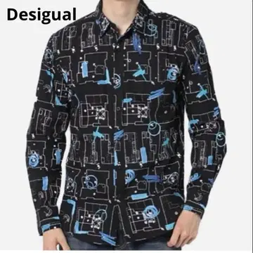 desigual 남성용 긴팔 셔츠 블랙 베이스 파란색 프린트 올 패턴