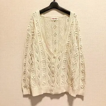 핑크하우스 퐁퐁 니트 가디건 아이보리 폼폼 다이아 무늬