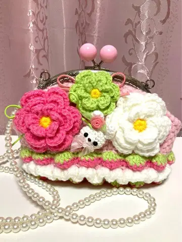 손뜨개질 핸드메이드 가마구치 숄더백 가마구치 백 가마구치 파우치