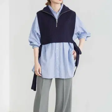 SpicandSpan 24AW 하프 지퍼 사이드 리본 니트 베스트 네이비