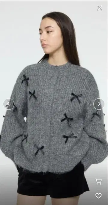 리본 장식 그레이 니트 가디건