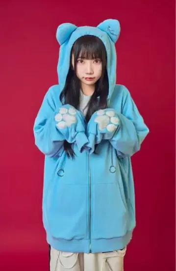 사이코네이션 고양이 귀 후드 꼬리 달린 스카이블루 후드티