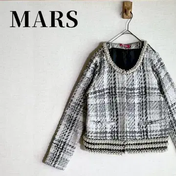 마즈 비쥬 트위드 자켓 노카라 y2k 화이트 x 블랙 사이즈 F