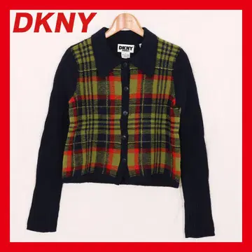 버튼 가디건 체크 무늬 숏 기장 니트 스웨터 긴팔 DKNY