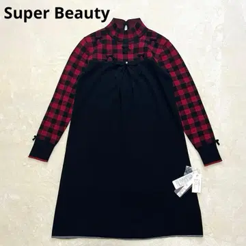 미사용 새상품 Super Beauty 체크 리본 니트 원피스 40