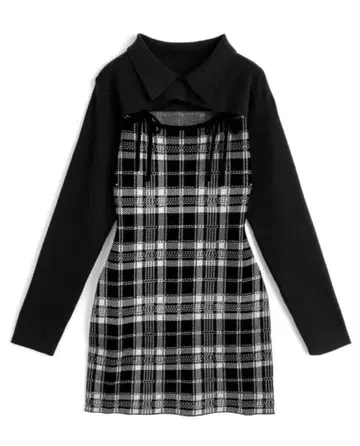 [ 미사용 ] 체크 무늬 프론트 오픈 리본 니트 미니 원피스 ru1373