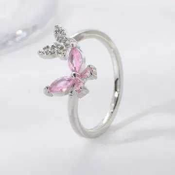 버터플라이 모티브 핑크 다이아몬드 모이사나이트 실버 반지 원사이즈