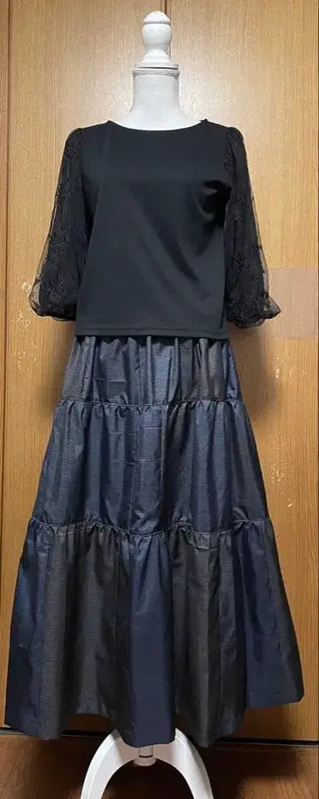 기모노 리메이크 심플 남색 계열 오시마 패치워크 캉캉 스커트