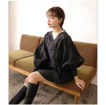 Acka. 자카드 미니 드레스 블랙 플라워 패턴 긴팔 셔츠 블라우스