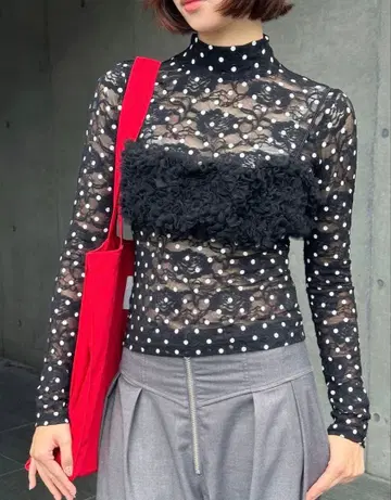 poppy 아사기니뇨 도트 레이스 시스루 상의 블랙