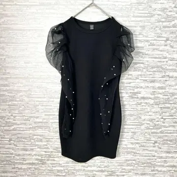 시폰 튤 소매 펄 장식 블랙 원피스 S 미니 결혼식 파티 드레스