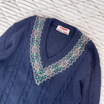 90s McGREGOR 울 100% 케이블 니트 기하학 패턴 노르딕