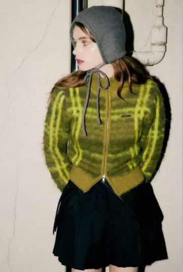 SLY 스라이 CHECK JQ STAND ZIP 블루종 가디건 니트