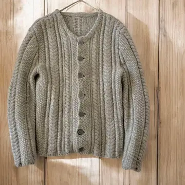 빈티지 핸드메이드 아란 니트 가디건 콘초 버튼 그레이