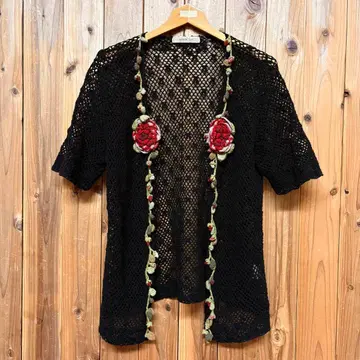 KANEKOISAO 카네코 이사오 모티브 포함 반팔 코튼 니트 가디건