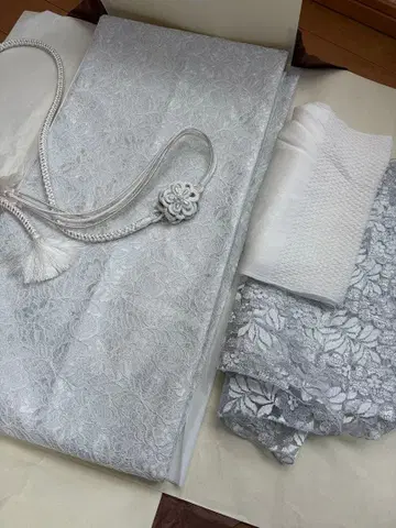 성인식 화이트 실버 꽃무늬 후쿠로 오비 오비 장식 천 허리띠 풀세트