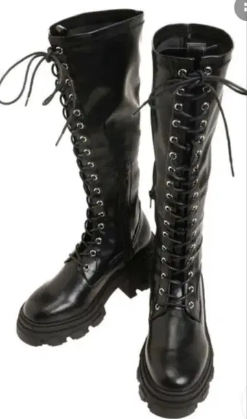 jouetie 레이스업 통굽 레이스업 롱 부츠 24.5 블랙