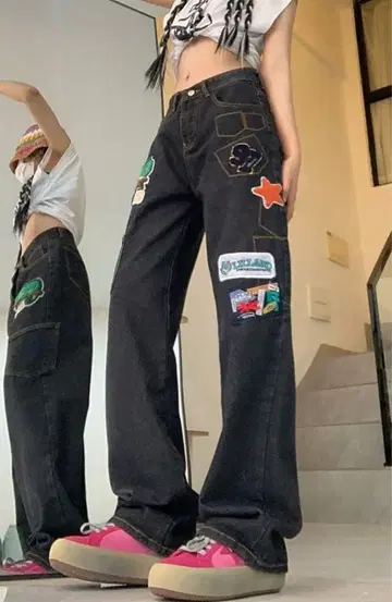 패치워크 디자인 다크 데님 팬츠