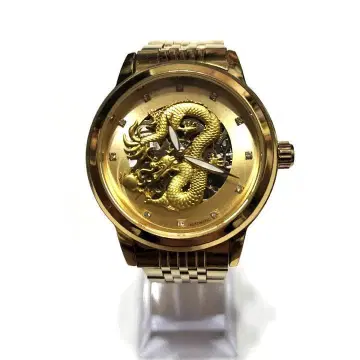 드래곤 용 자동 태엽 기계식 손목시계 골드 뒷면 투명