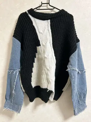 패치워크 스웨터 니트 데님 리메이크 프린지 가공 걸리시 블랙 화이트